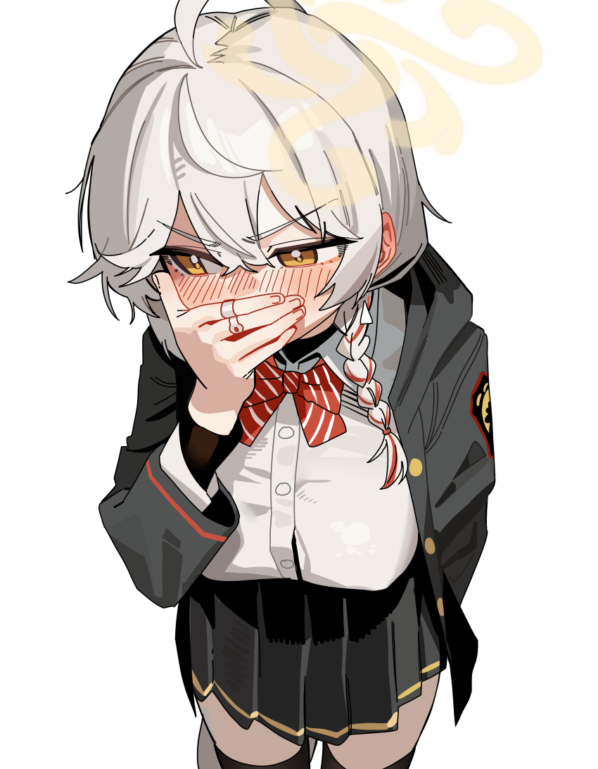 1girl, absurdres, ahoge, averting_eyes, black_jacket, black_skirt, blue_archive, blush