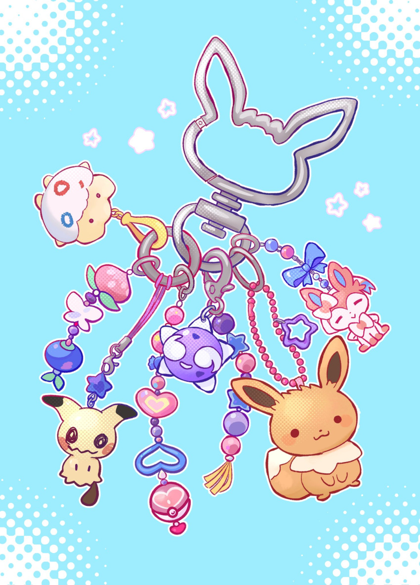 bead_charm, berry_(pokemon), blue_background, bow, carabiner, charm_(object), commentary, eevee