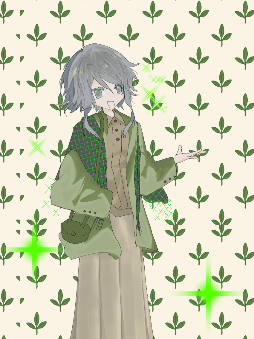 1other, aivjiadeshimingzhe, alternate_costume, androgynous, bag, black_shawl, brown_background, brown_shoes