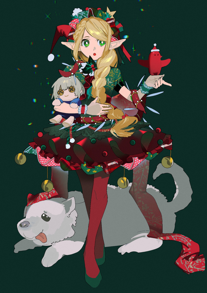1girl, :o, alternate_costume, blonde_hair, braid, bright_pupils, character_doll, christmas
