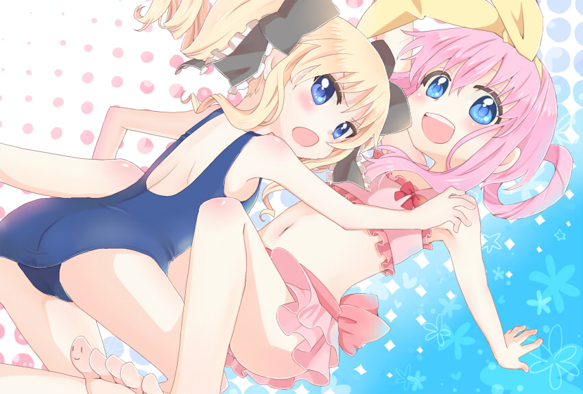 akechi_kokoro, blonde_hair, blue_eyes, bow, chikamichi_(ssssgirl), drill_hair, flat_chest, hair_bow, multiple_girls, pink_hair, sherlock_shellingford, ssssgirl, swimsuit, tantei_opera_milky_holmes, twintails
