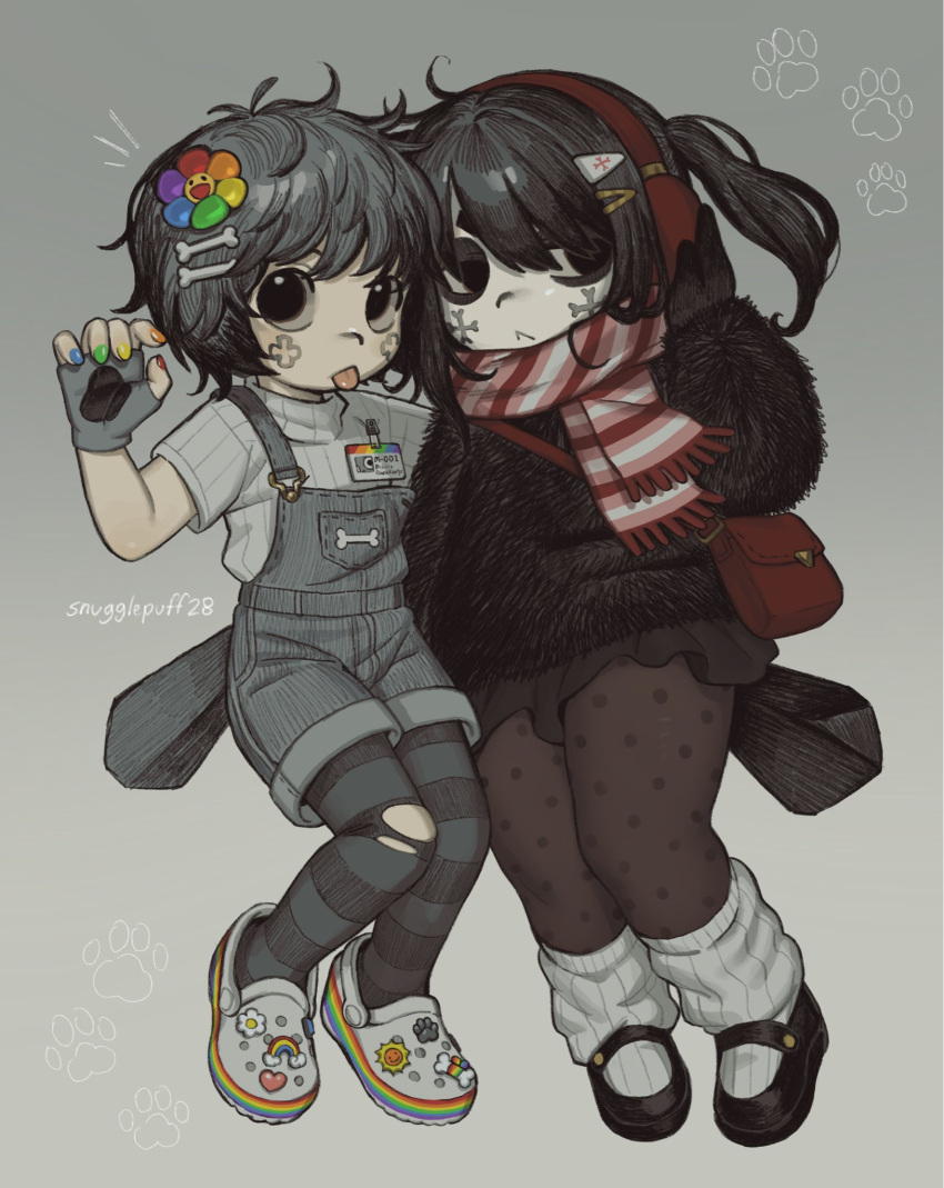 1boy, 1girl, :p, androgynous, animification, bag, black_hair, black_skirt