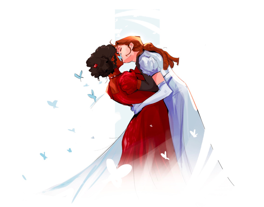 2girls, black_gloves, black_hair, blue_dress, bridgerton, brown_hair, closed_eyes, commentary