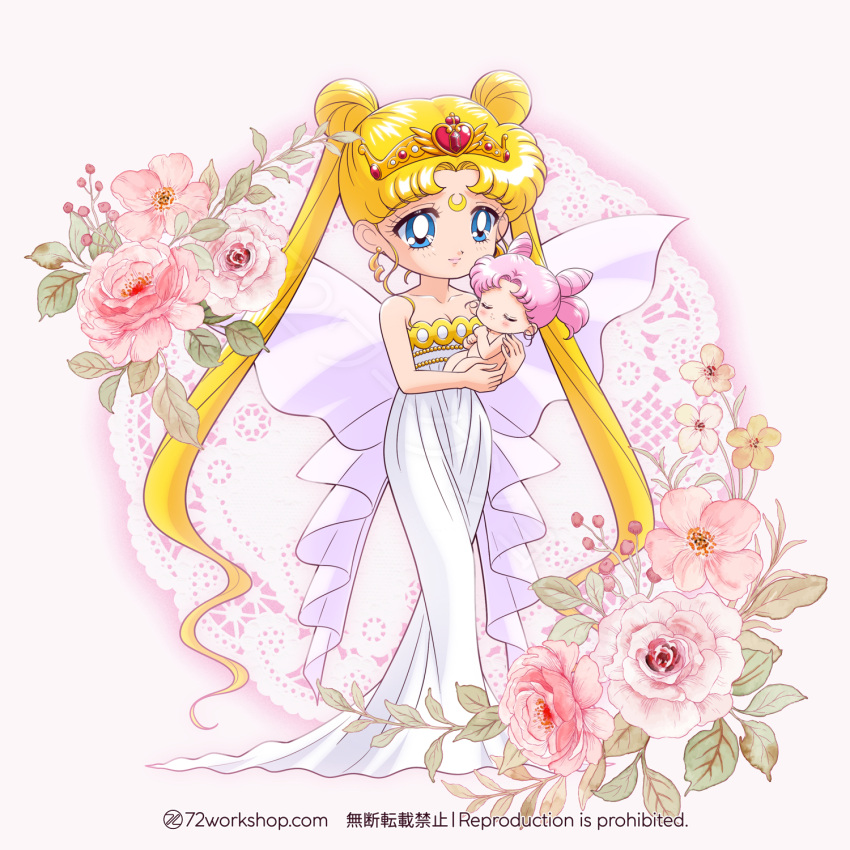 2girls, 72workshop, baby, bare_shoulders, bishoujo_senshi_sailor_moon, blonde_hair, blue_eyes, bow
