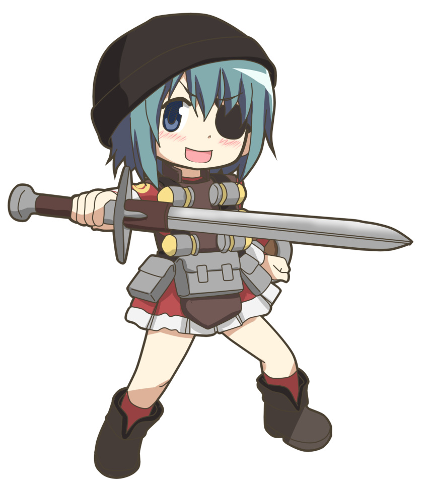 blue_eyes, blue_hair, blush, boots, cosplay, eyepatch, hangaku, hat, highres, mahou_shoujo_madoka_magica, miki_sayaka, short_hair, solo, sword, team_fortress_2, the_demoman, the_demoman_(cosplay), transparent_background, weapon