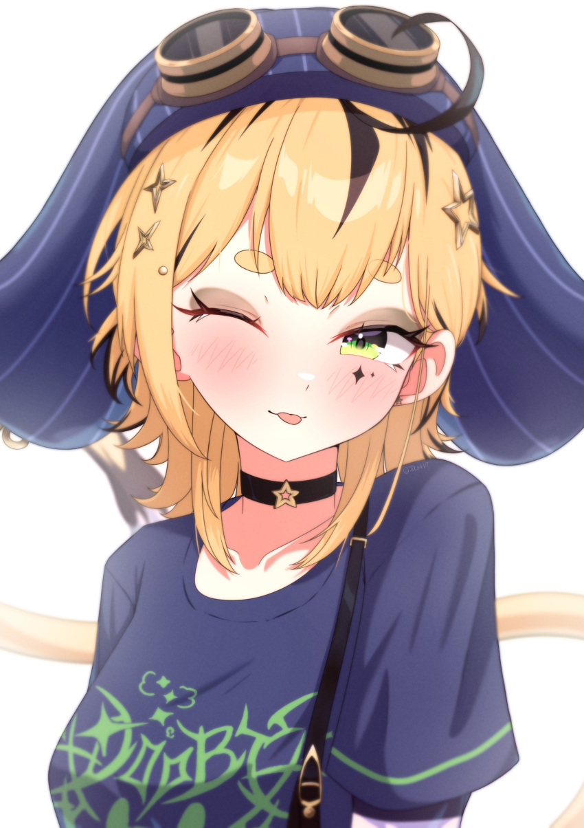 1girl, :p, ;p, absurdres, ahoge, black_choker, blonde_hair, blush