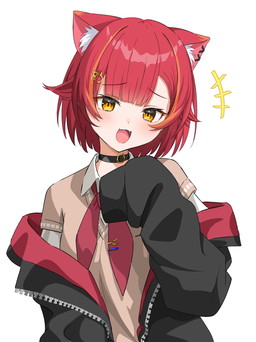 +++, 1girl, animal_ear_fluff, animal_ears, black_choker, black_jacket, blush, brown_sweater