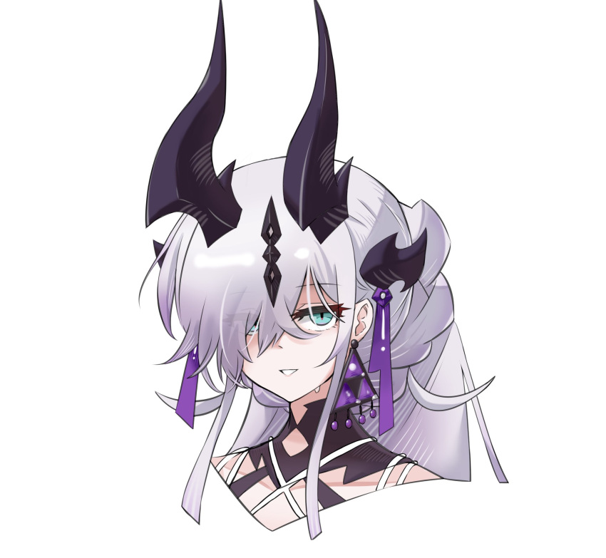 1girl, arknights, commentary_request, dragon_girl, dragon_horns, earrings, green_eyes, grey_hair