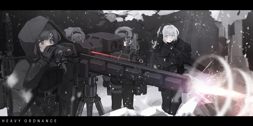 4girls, absurdres, binoculars, black_hair, black_jacket, black_pants, cape, character_request