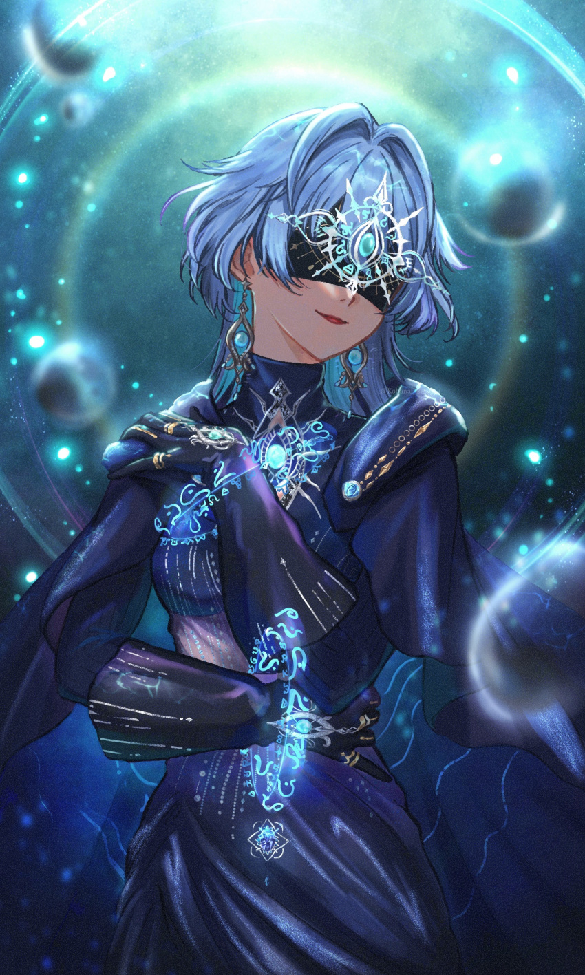 1girl, belt, black_belt, black_sash, blindfold, blue_cape, blue_dress, blue_hair, bubble, cape, closed_mouth, collared_dress, commentary, cowboy_shot, dress, earrings, english_commentary, fantasea_prophet_(shining_nikki), hair_intakes, happy, head_tilt, highres, jewelry, kohanai_setsuna, light_particles, lipstick, long_hair, long_sleeves, makeup, nikki_(series), puffy_long_sleeves, puffy_sleeves, red_lips, sash, shining_nikki, smile, solo, standing, very_long_hair