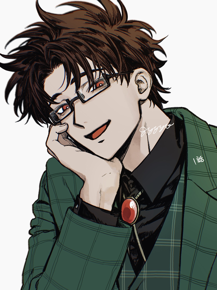 1boy, absurdres, black-framed_eyewear, black_shirt, bolo_tie, brown_hair, collared_shirt, dress_shirt