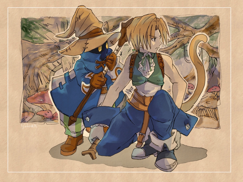 2boys, bare_shoulders, belt_buckle, black_mage_(final_fantasy), blonde_hair, blue_coat, blue_pants, blue_wrist_cuffs