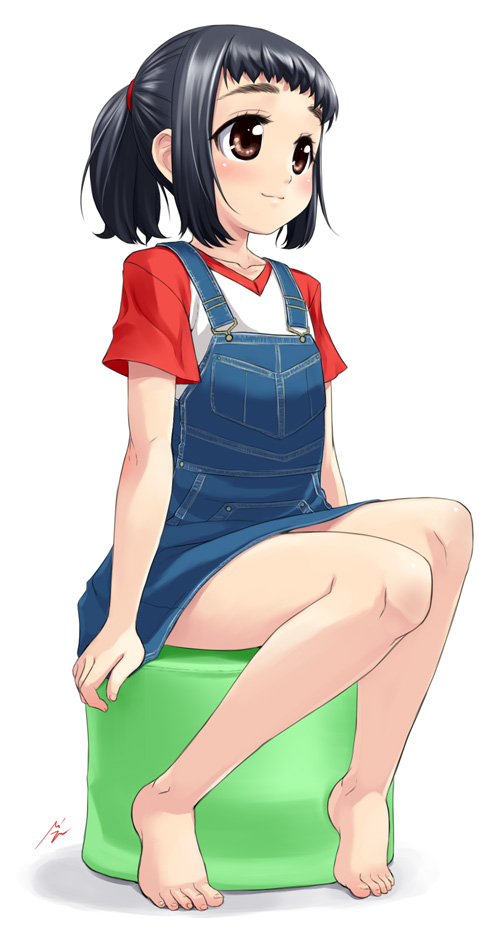 barefoot, black_hair, blush, brown_eyes, child, denim, eyebrows, feet