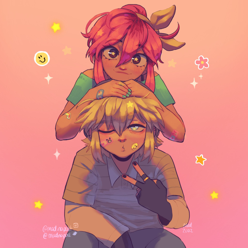 1boy, 1girl, 2022, alternate_costume, alternate_hairstyle, alternate_universe, aubrey_(faraway)_(omori), aubrey_(omori)