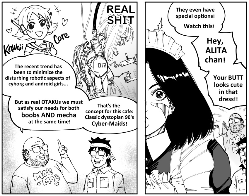 2boys, absurdres, alita, apron, bald, battle_angel_alita, bb_(baalbuddy), beard_stubble
