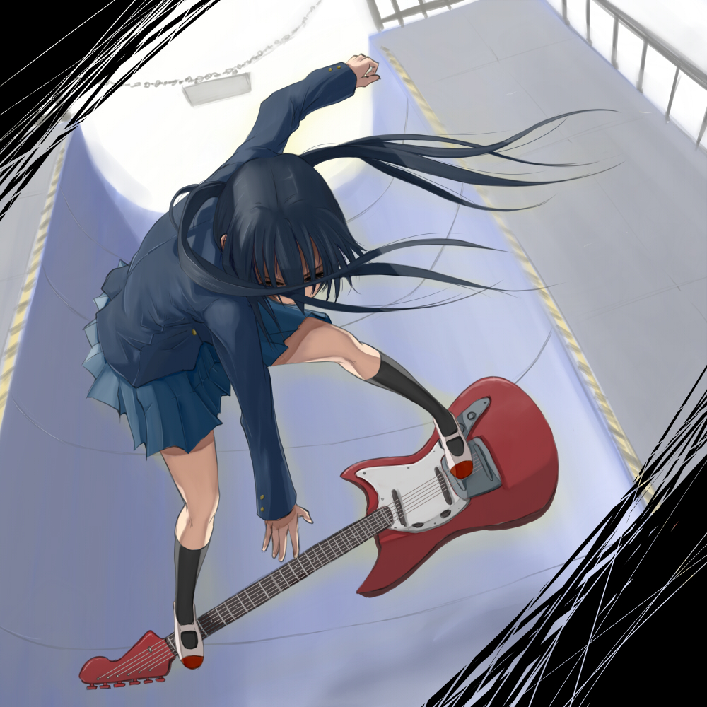 black_hair, black_legwear, blazer, chain, chains, dokyuu_afro, electric_guitar, from_above, guitar, halfpipe, instrument, k-on!, long_hair, nakano_azusa, school_uniform, shoes, skirt, solo, twintails