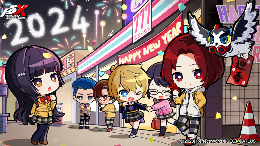 3boys, 3girls, aerial_fireworks, arai_motoha, artist_request, bird, blue_eyes, blue_hair