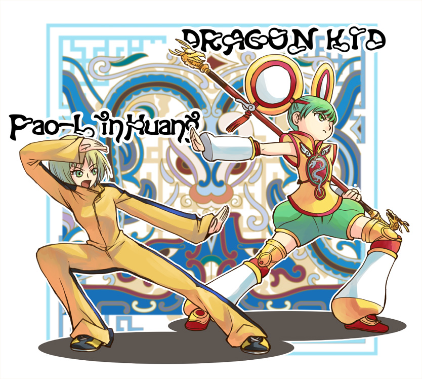 blonde_hair, bruce_lee's_jumpsuit, bruce_lee's_jumpsuit, chinese_clothes, detached_sleeves, dragon_kid, dual_persona, fighting_stance