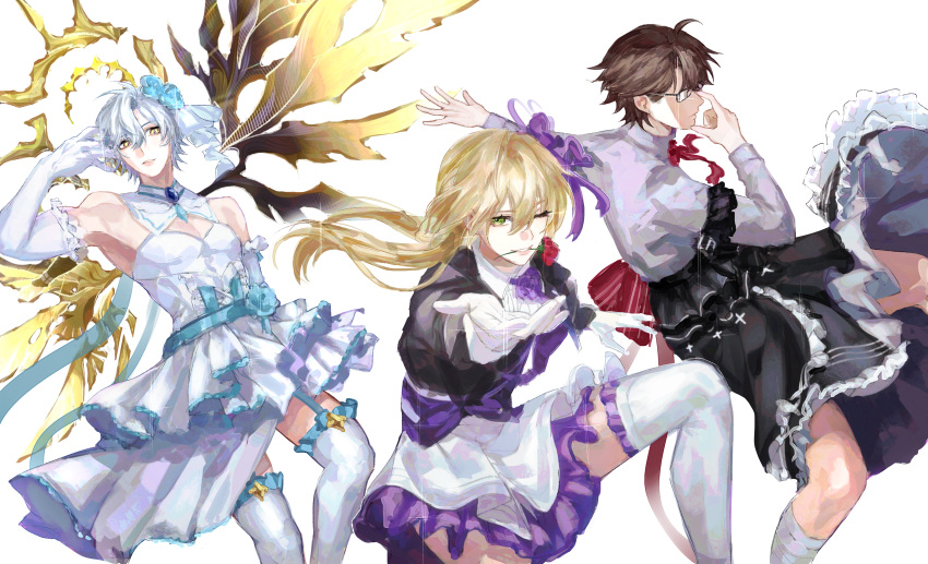 3boys, absurdres, black_jacket, black_skirt, blonde_hair, brown_hair, cosplay, crossdressing, crossdressing_(mtf), dress, elbow_gloves, flower, flower_in_mouth, glasses, gloves, green_eyes, halo, highres, honkai:_star_rail, honkai_(series), honkai_impact_3rd, idol, jacket, kevin_kaslana, kevin_kaslana_(cosplay), long_hair, luocha_(honkai:_star_rail), male_focus, multiple_boys, otto_apocalypse, otto_apocalypse_(cosplay), outstretched_arm, pectoral_cleavage, pectorals, phainon_(honkai:_star_rail), phainon_(khaslana)_(honkai:_star_rail), reaching, reaching_towards_viewer, red_flower, red_rose, rose, shirt, skirt, thigh-highs, vodarii, welt_yang, white_dress, white_gloves, white_hair, white_shirt, white_skirt, white_thighhighs, white_wings, wings, yellow_eyes, yellow_wings