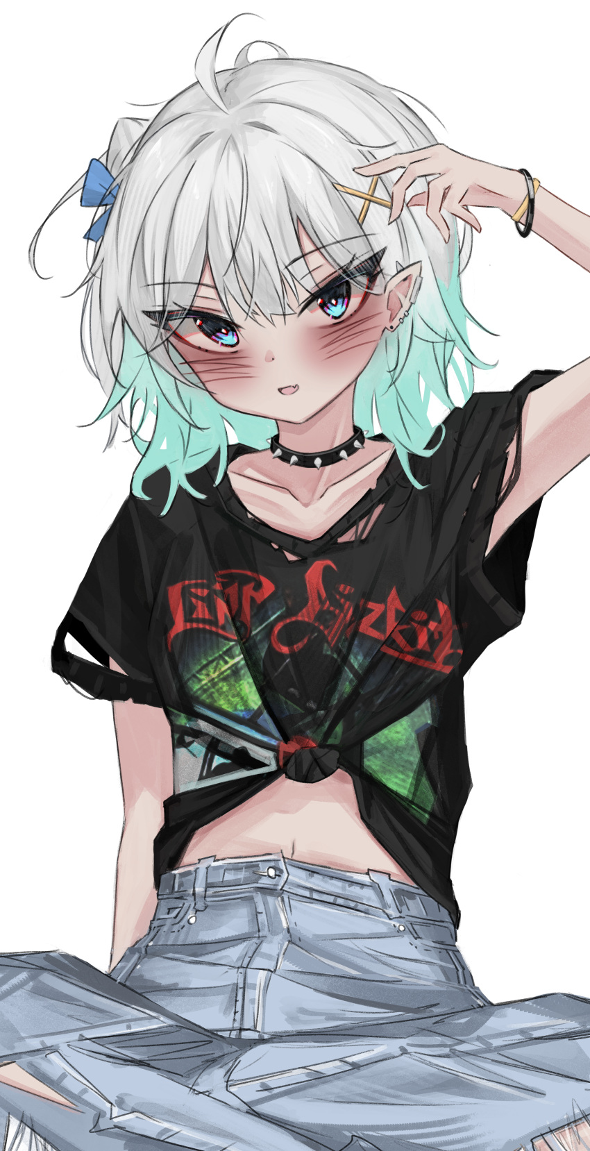 1girl, absurdres, akarinnndesu, black_choker, black_shirt, blue_bow, blue_eyes, blush