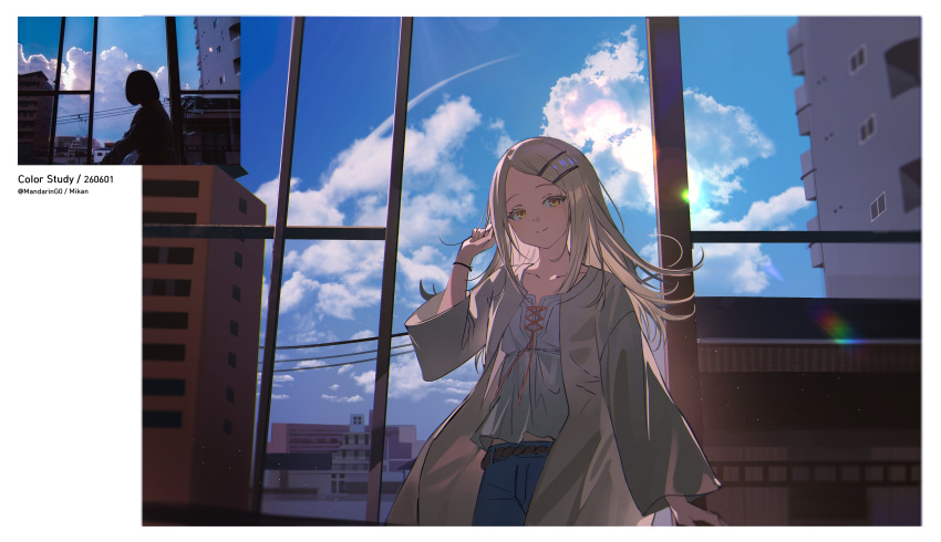 1girl, absurdres, apartment, art_study, blonde_hair, blue_sky, building, camisole