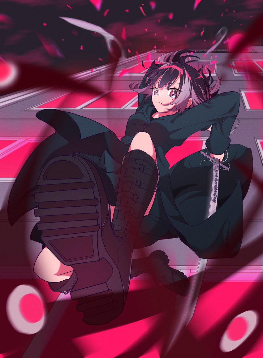 1girl, absurdres, black_boots, black_hair, black_jacket, blunt_bangs, boots, closed_mouth