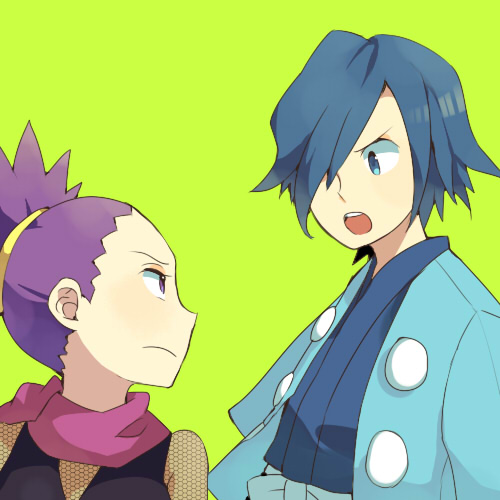1boy, 1girl, blue_eyes, blue_hair, falkner_(pokemon), green_background, hair_over_one_eye, hayakawa_(hay03)