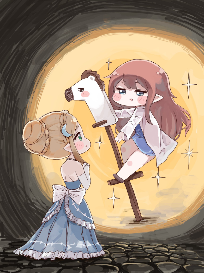 2girls, 2msg4l, amelia_(trickcal), backless_dress, backless_outfit, blonde_hair, blue_dress, blue_eyes