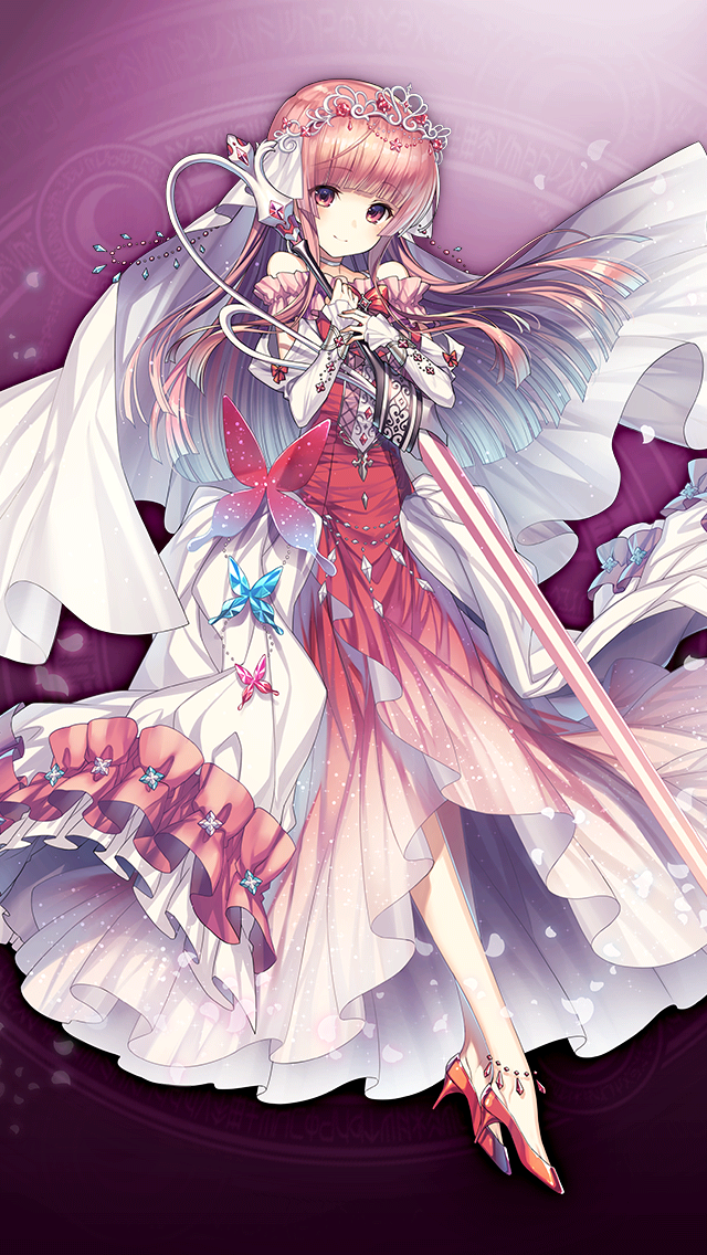 1girl, bare_shoulders, detached_sleeves, dress, full_body, game_asset, grimms_notes, holding, holding_sword, holding_weapon, juliet_(grimms_notes), juliet_(princess)_(grimms_notes), long_hair, looking_at_viewer, nanokak, non-web_source, official_art, pink_dress, pink_eyes, pink_hair, princess, purple_background, red_shoes, shoes, smile, solo, sword, tiara, veil, weapon, white_veil
