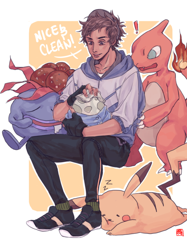 !, 1boy, black_gloves, black_pants, black_shoes, brown_hair, charmeleon, cleaning