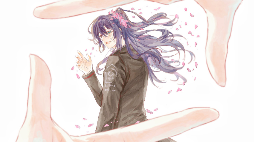 1boy, 1other, absurdres, aqua_eyes, black_coat, black_eyes, coat, falling_petals