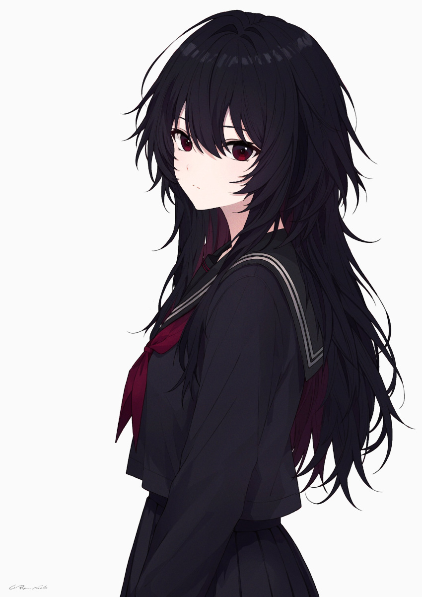 1girl, absurdres, black_hair, black_sailor_collar, black_serafuku, black_shirt, black_skirt, colored_inner_hair, commentary, expressionless, highres, kisaragi_ren_(5th_costume)_(vspo!), kisaragi_ren_(vspo!), long_hair, long_sleeves, looking_at_viewer, looking_to_the_side, multicolored_hair, neckerchief, official_alternate_costume, official_alternate_hairstyle, red_eyes, red_hair, red_neckerchief, roku_no06, sailor_collar, school_uniform, serafuku, shirt, skirt, solo, swept_bangs, untranslatable_commentary, upper_body, virtual_youtuber, vspo!