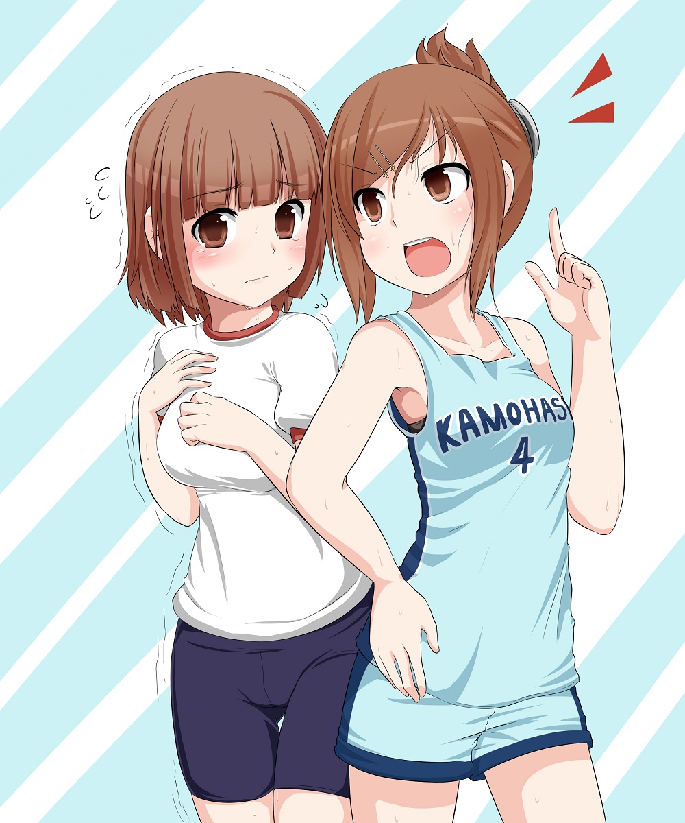 bike_shorts, blush, brown_hair, character_request, crossover, gym_uniform, hair_ornament, hair_up