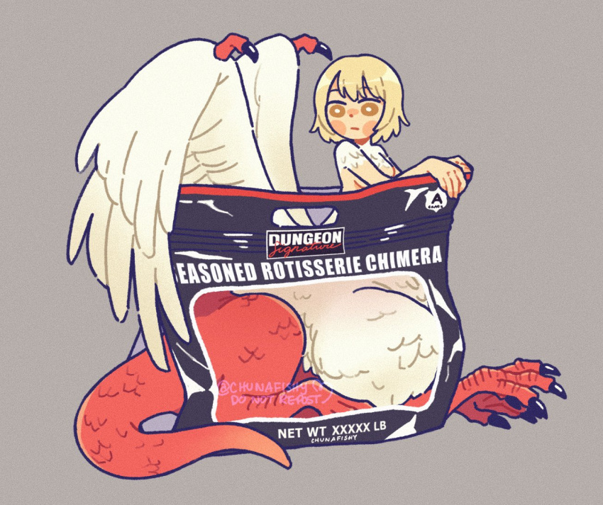 1girl, bag, blonde_hair, blush_stickers, bright_pupils, brown_eyes, chimera, chunafishy