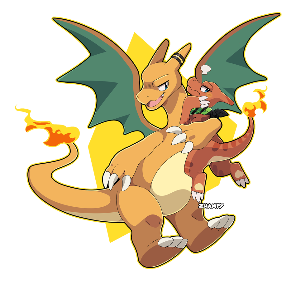 bandana, bandana_around_neck, charizard, charmeleon, claws, closed_mouth, commentary, commission