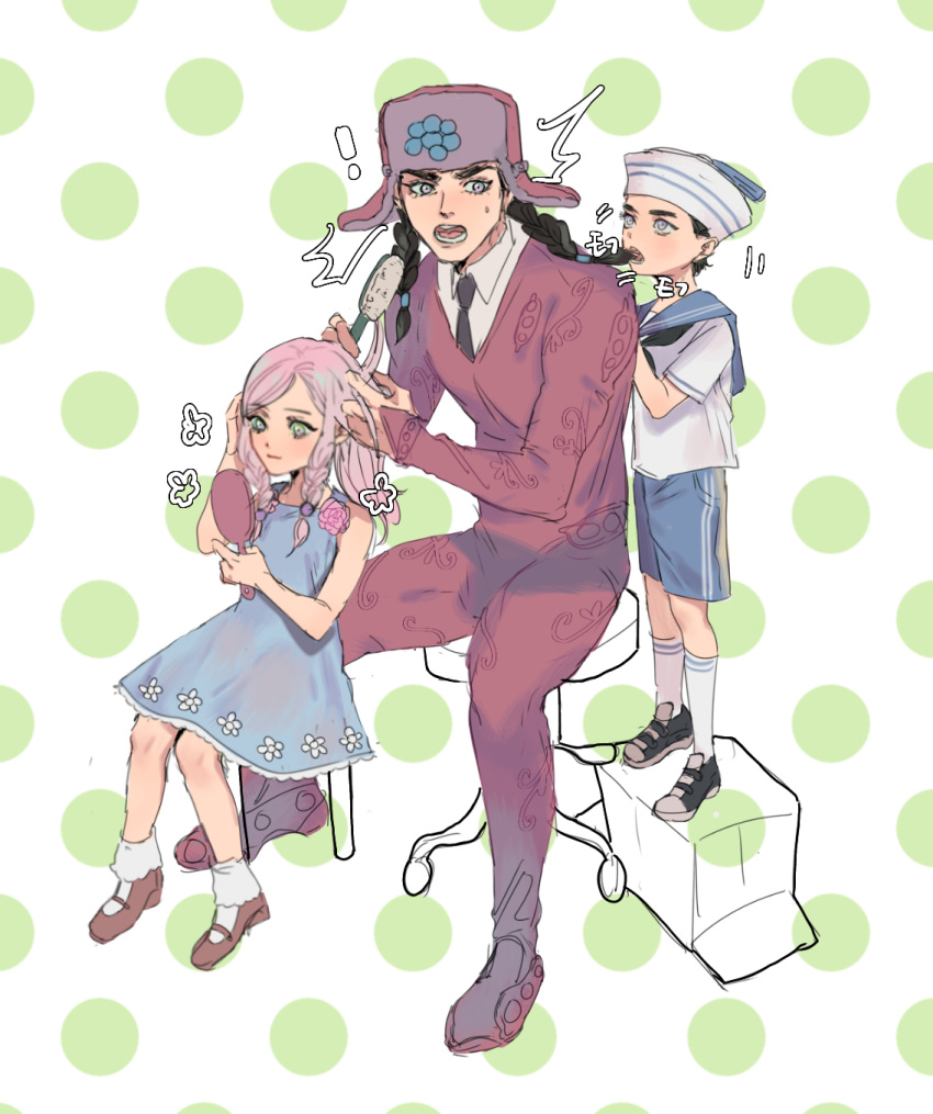 1girl, 2boys, aged_down, biting, black_hair, black_necktie, black_shoes, blue_dress