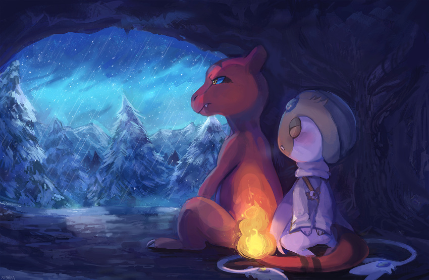 1other, cave, charmeleon, cherkivi, closed_eyes, closed_mouth, clothed_pokemon, commentary, commission, english_commentary, expressionless, fang, fire, flame-tipped_tail, long_sleeves, night, nostrils, outdoors, parted_lips, pine_tree, pokemon, pokemon_(creature), shirt, snowing, tail, tree, uxie, white_shirt, winter, yellow_eyes