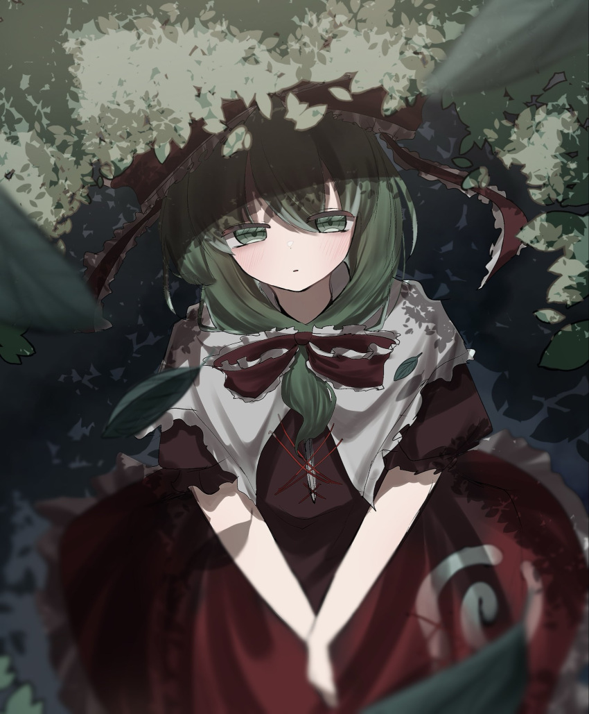 1girl, dress, from_above, front_ponytail, green_eyes, green_hair, hair_ribbon, highres