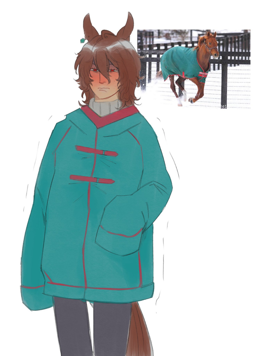 11gowon, 1girl, agnes_tachyon_(racehorse), agnes_tachyon_(umamusume), ahoge, animal_ear_piercing, animal_ears, aqua_coat