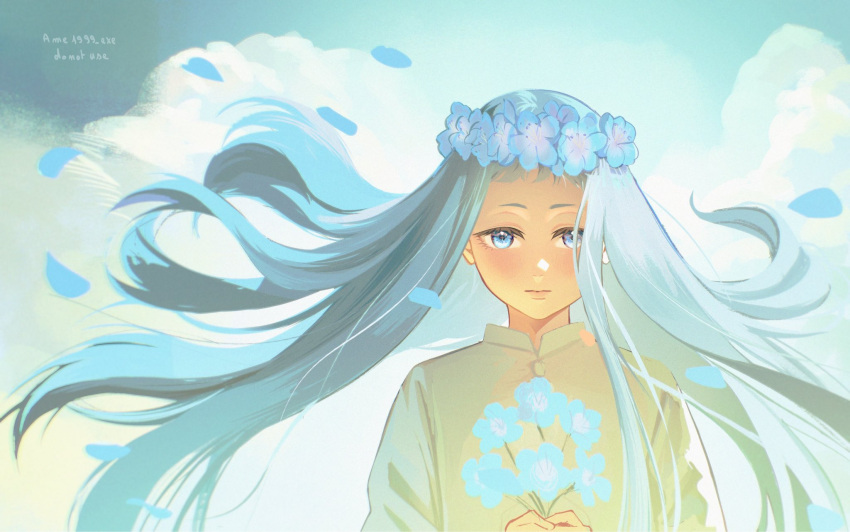 1girl, artist_name, blue_eyes, blue_flower, blue_hair, blue_sky, bouquet, closed_mouth
