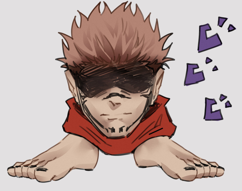 1boy, barefoot, black_nails, closed_mouth, decay_int, extra_eyes, facial_mark, head_and_feet_only, highres, jujutsu_kaisen, looking_at_viewer, male_focus, menacing_(jojo), nail_polish, pink_hair, ryoumen_sukuna_(jujutsu_kaisen), shaded_face, simple_background, solo, toenail_polish, toenails, white_background