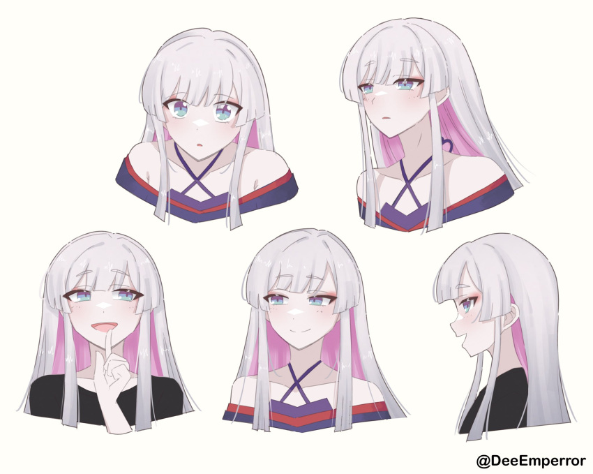 1girl, bare_shoulders, blue_eyes, cho_kaguya-hime!, colored_inner_hair, commentary, cropped_shoulders, dee_(deeemperror)