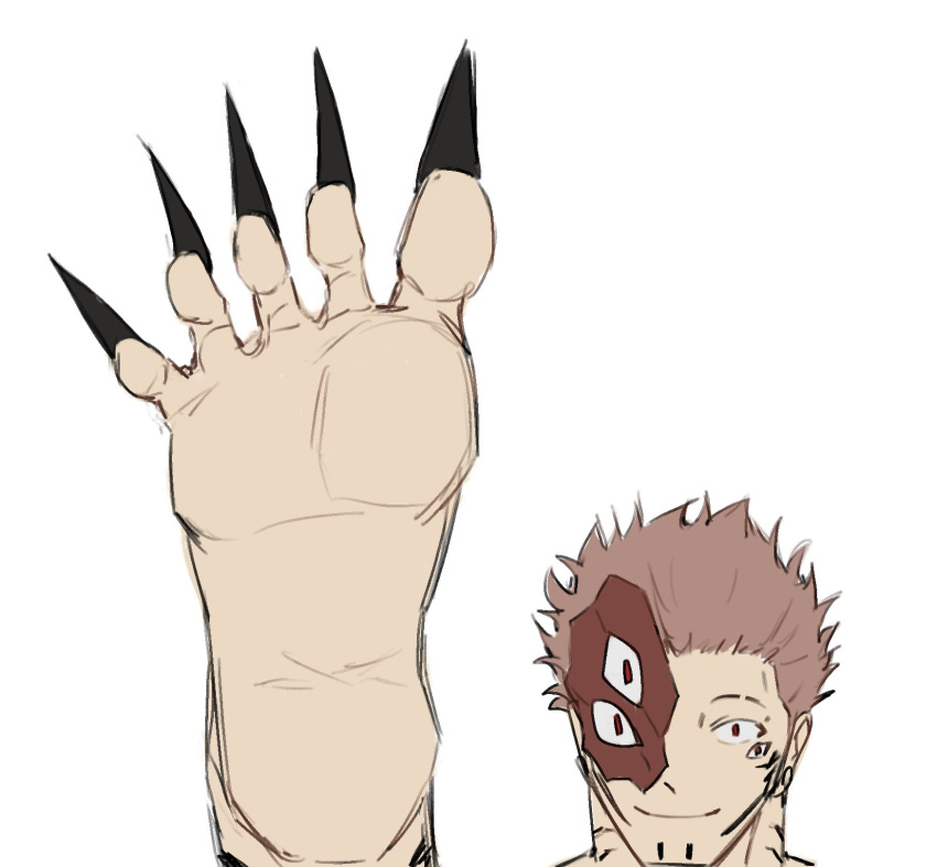 1boy, black_nails, closed_mouth, decay_int, extra_eyes, facial_mark, feet, foot_focus