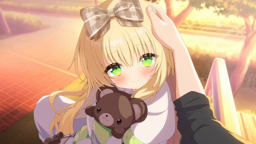 1boy, 1girl, artist_request, black_shirt, blonde_hair, blush, bow, brown_bow