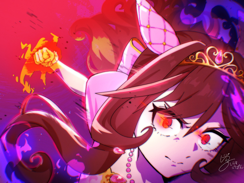 1girl, animal_ears, attacking_viewer, brown_hair, commentary_request, dress, ear_ornament, flaming_eye, flaming_hand, gentildonna_(la_dama_perfetta)_(umamusume), gentildonna_(umamusume), highres, horse_ears, horse_girl, jewelry, necklace, official_alternate_costume, official_alternate_hairstyle, pink_dress, punching, punching_viewer, red_eyes, shirasu_(ewokakushirasu), signature, solo, swept_bangs, tiara, umamusume
