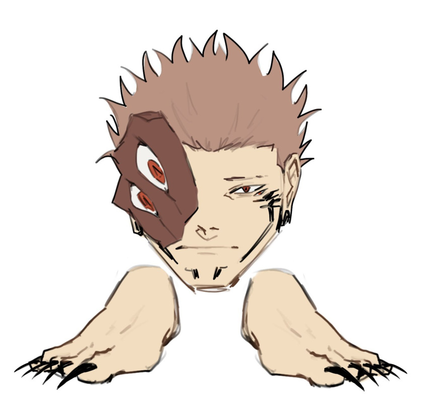 1boy, barefoot, black_nails, closed_mouth, commentary, decay_int, english_commentary, extra_eyes