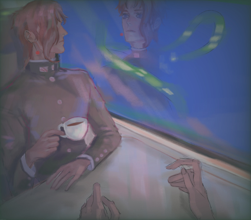 1boy, brown_coat, coat, commentary, cup, different_reflection, earrings, english_commentary