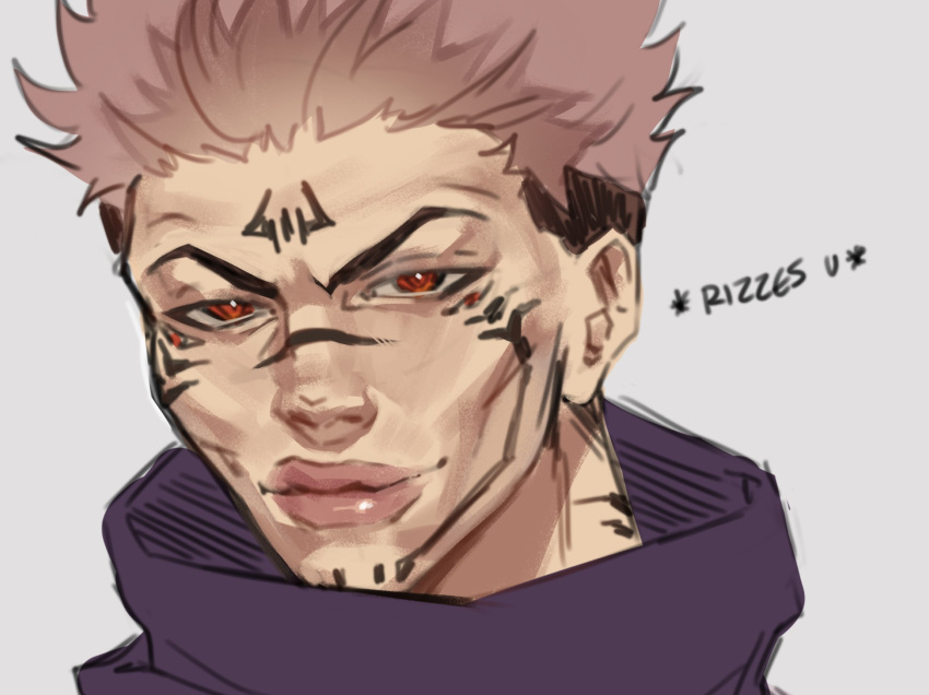 1boy, commentary, decay_int, english_commentary, extra_eyes, facial_mark, highres, itadori_yuji, jujutsu_kaisen, looking_at_viewer, male_focus, meme, my_name_is_skyler_white_yo_(meme), pink_hair, portrait, puckered_lips, rizz_(meme), ryoumen_sukuna_(jujutsu_kaisen), simple_background, solo, white_background