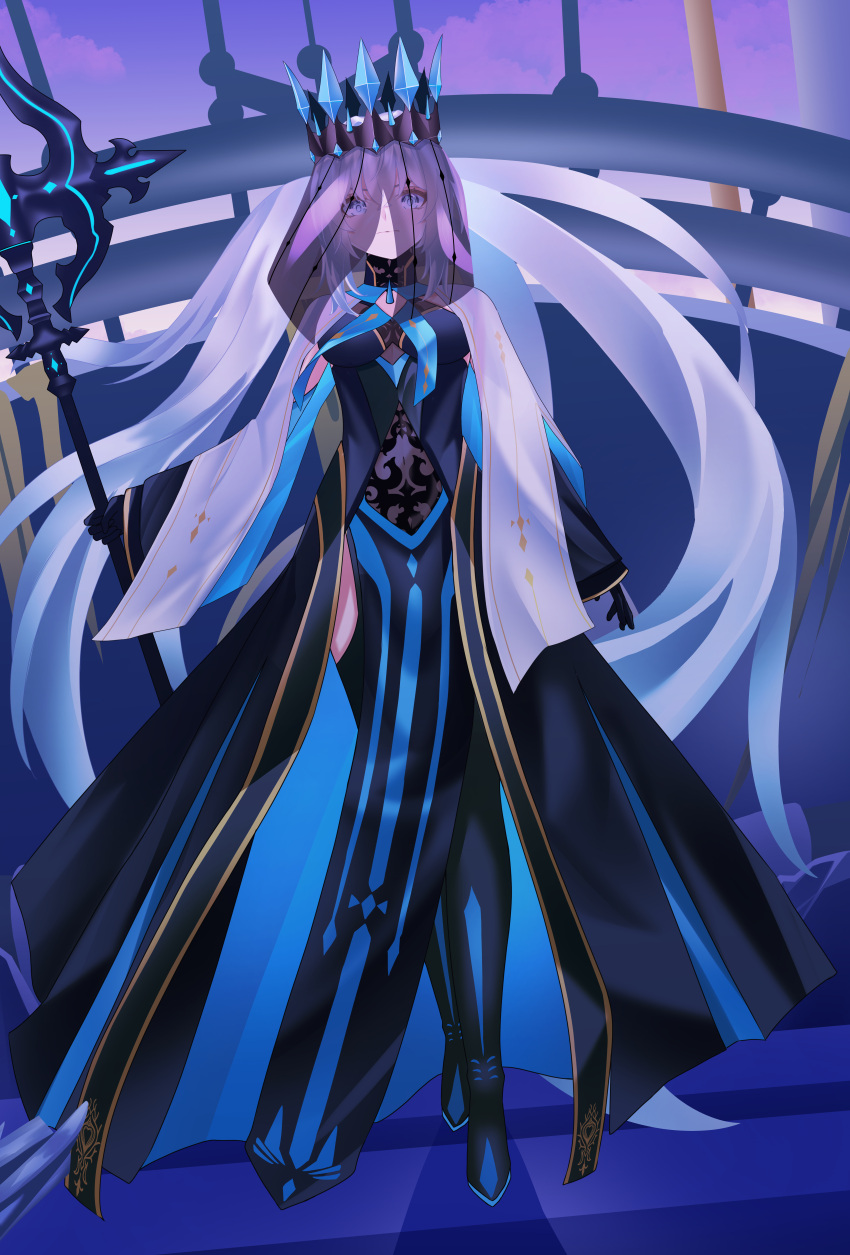 1girl, absurdres, avalon_le_fae_(fate/grand_order), black_dress, black_gloves, black_veil, blue_eyes, blue_lips