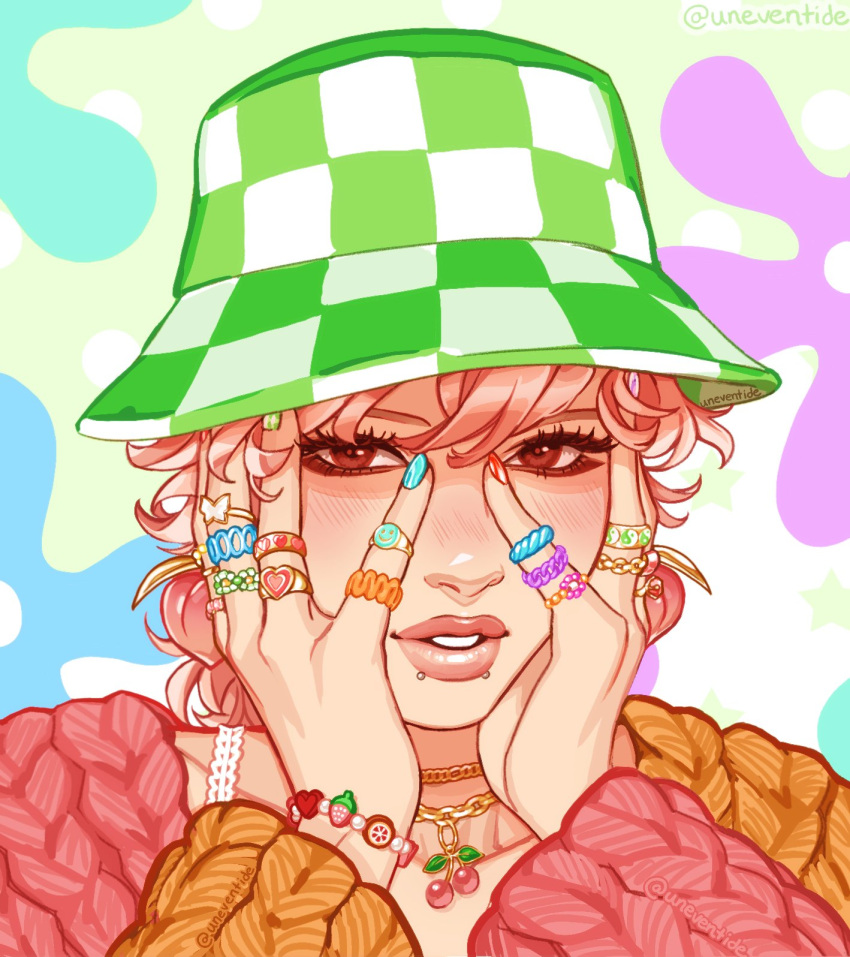 1boy, androgynous, aqua_background, aqua_nails, blue_background, blush, bracelet, brown_eyeliner